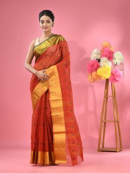 CHARUKRITI - Brick Red Pure Cotton Tant Zari Border Saree without Blouse