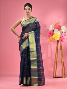 CHARUKRITI - Midnight Blue Pure Cotton Tant Zari Border Saree without Blouse