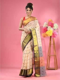 CHARUKRITI - Off White Pure Cotton Tant Zari Border Saree without Blouse