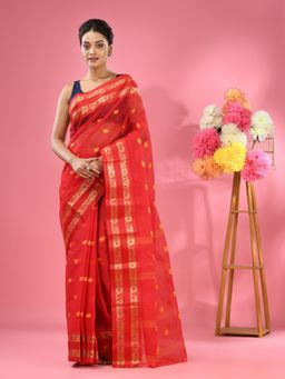 CHARUKRITI - Red Pure Cotton Tant Woven Design Saree without Blouse