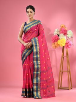 CHARUKRITI - Rani Pink Pure Cotton Tant Woven Design Saree without Blouse
