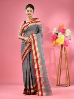 CHARUKRITI - Grey Pure Cotton Tant Woven Design Saree without Blouse