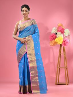CHARUKRITI - Sky Blue Pure Cotton Tant Zari Border Saree without Blouse