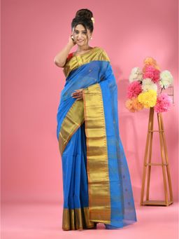 CHARUKRITI - Sapphire Blue Pure Cotton Tant Zari Border Saree without Blouse