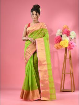 CHARUKRITI - Parrot Green Pure Cotton Tant Zari Border Saree without Blouse