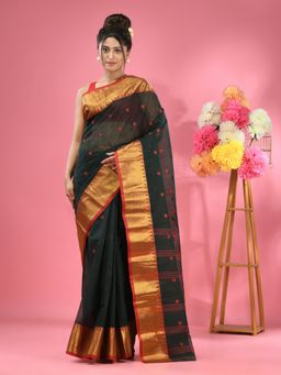 CHARUKRITI - Dark Green Pure Cotton Tant Zari Border Saree without Blouse