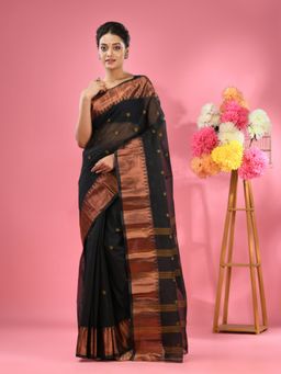 CHARUKRITI - Black Pure Cotton Tant Zari Border Saree without Blouse