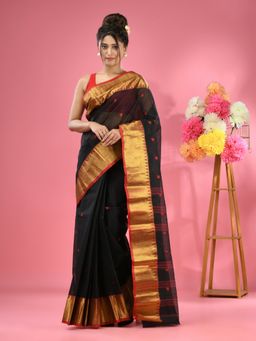 CHARUKRITI - Black Pure Cotton Tant Zari Border Saree without Blouse