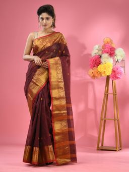 CHARUKRITI - Maroon Pure Cotton Tant Zari Border Saree without Blouse