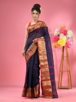 CHARUKRITI - Navy Blue Pure Cotton Tant Zari Border Saree without Blouse