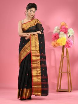 CHARUKRITI - Black Pure Cotton Tant Zari Border Saree without Blouse