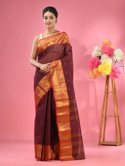 CHARUKRITI - Dark Red Pure Cotton Tant Zari Border Saree without Blouse