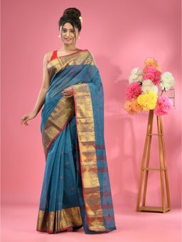 CHARUKRITI - Olympic Blue Pure Cotton Tant Zari Border Saree without Blouse