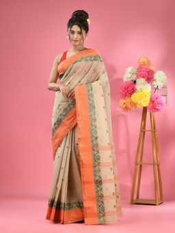 CHARUKRITI - Ecru Pure Cotton Tant Woven Design Saree without Blouse