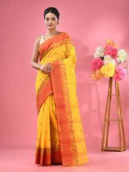 CHARUKRITI - Bright Yellow Pure Cotton Tant Woven Design Saree without Blouse
