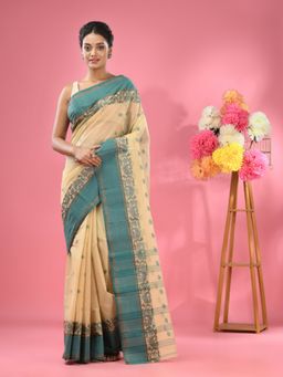 CHARUKRITI - Beige Pure Cotton Tant Woven Design Saree without Blouse