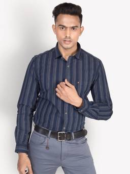 Turtle - Men Cotton Indigo Slim Fit Blue Stripe Formal Shirt