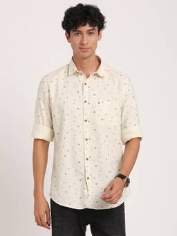 Turtle - Men Cotton Melange Slim Fit Beige Printed Casual Shirt