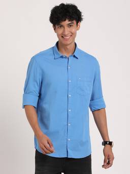 Turtle - Men Cotton Slim Fit Blue Solid Casual Shirt