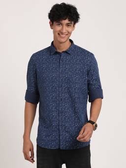 Turtle - Men Cotton Linen Slim Fit Blue Printed Casual Shirt