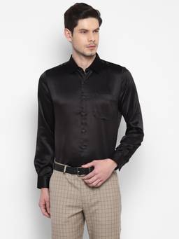 Turtle - Men Poly Satin Regular Fit Black Solid Party Shirt