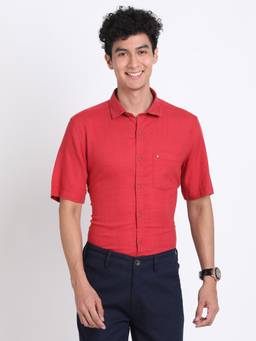 Turtle - Men Cotton Lyocell Slim Fit Red Solid Half Sleeve Casual Shirt