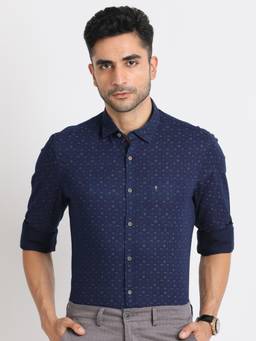 Turtle - Men Cotton Indigo Slim Fit Navy Blue Printed Full Sleeve Casual Shirt