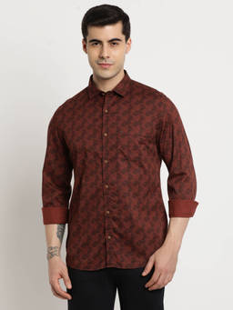 Turtle - Men Cotton Slim Fit Brown Printed Casual Shirt
