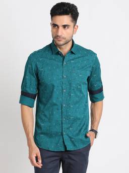 Turtle - Men Cotton Slim Fit Teal Blue Printed Casual Shirt