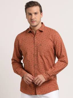 Turtle - Men Cotton Linen Slim Fit Brown Printed Casual Shirt
