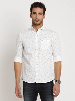 Turtle - Men Cotton Slim Fit White Printed Casual Shirt