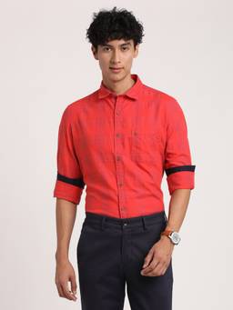 Turtle - Men Cotton Slim Fit Brick Red Checks Casual Shirt