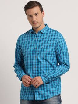 Turtle - Men Cotton Slim Fit Sky Blue Checkered Casual Shirt