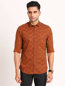 Turtle - Men Cotton Slim Fit Brown Printed Full Sleeve Casual Shirt