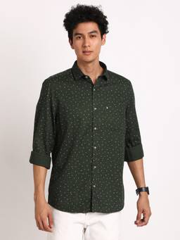Turtle - Men Cotton Stretch Slim Fit Green Printed Full Sleeve Casual Shirt
