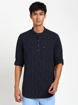 Turtle - Men Cotton Slim Fit Navy Blue Stripe Casual Shirt