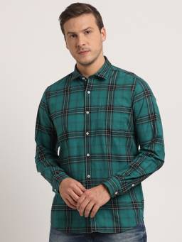 Turtle - Men Cotton Slim Fit Green Check Full Sleeve Casual Shirt