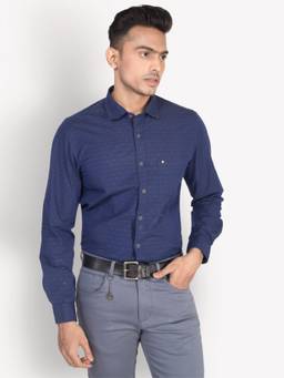 Turtle - Men Cotton Slim Fit Navy Blue Dobby Print Casual Shirt