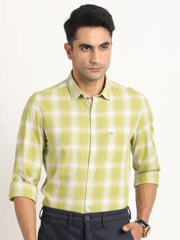 Turtle - Men Cotton Slim Fit Pista Green Checkered Casual Shirt