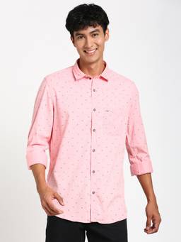 Turtle - Men Cotton Tencel Slim Fit Light Pink Printed Casual Shirt