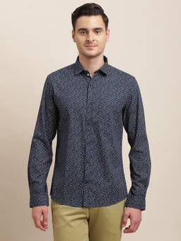 Turtle - Men Cotton Slim Fit Navy Printed Casual Shirt