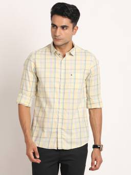Turtle - Men Cotton Slim Fit Light Beige Checkered Casual Shirt