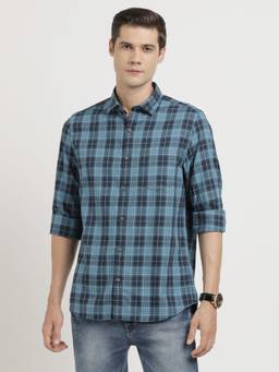 Turtle - Men Cotton Slim Fit Blue Checkered Casual Shirt