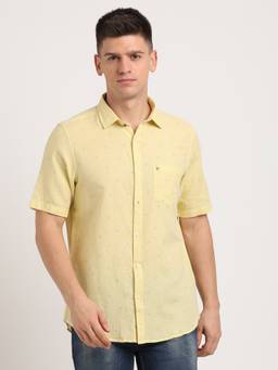 Turtle - Men Cotton Linen Slim Fit Yellow Printed Half Sleeve Casual Shirt