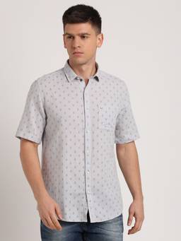 Turtle - Men Cotton Linen Slim Fit Grey Printed Half Sleeve Casual Shirt