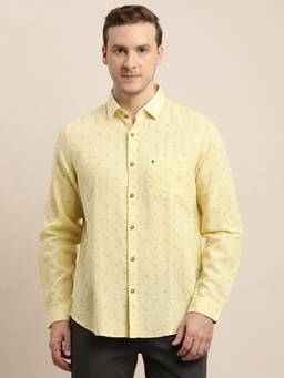 Turtle - Men Cotton Linen Slim Fit Yellow Printed Casual Shirt