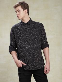 Turtle - Men Cotton Tencel Slim Fit Black Printed Casual Shirt