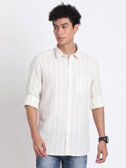 Turtle - Men Khadi Slim Fit Off White Stripe Casual Shirt