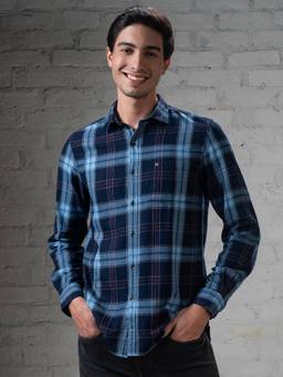 Turtle - Men Cotton Indigo Slim Fit Navy Blue Checkered Casual Shirt