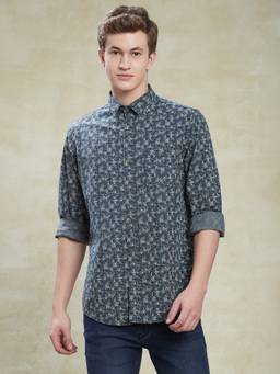 Turtle - Men Cotton Tencel Slim Fit Grey Printed Full Sleeve Casual Shirt